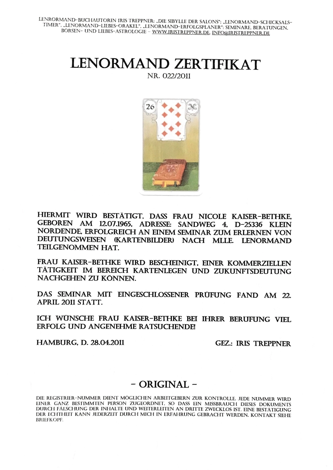 Nicole Bethke - Kartenlegen Mit Lebensberatung - Zertifikat
